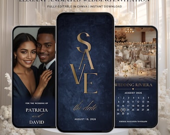 May include: Elegant animated wedding invitation design. The design features three smartphone screens. One screen displays a couple's photo, another has "Save the Date" text, and the third shows a wedding venue. The text includes "Wedding Riviera" and a calendar.
