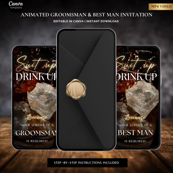 Groomsman Proposal Video Invitation, Best Man Invite, Suit Up Drink Up Evite, Whiskey Theme Wedding Canva Template