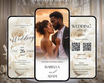 Animierte Hochzeitseinladungsvorlage Canva bearbeitbar - Moderne minimalistische digitale Einladung mit Foto, weiße Rose Beige Design