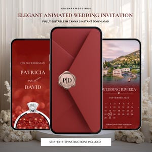 以下が含まれることがあります： 3つのスマートフォンに表示された、エレガントなアニメーションウェディング招待状のデザイン。 金色のシールが付いた赤い封筒、ダイヤモンドの指輪、海岸の景色が特徴です。 テキストには「Patricia and David」と「Wedding Riviera」が含まれています。