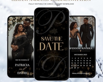 May include: Elegant animated wedding invitation design. The design features three smartphone screens displaying a couple's photos, the words "Save the Date," and a calendar for December 2025. The invitation has a black and gold color scheme.
