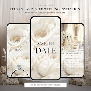 May include: Animated wedding invitation design on three smartphones. The design features a floral background with the words "Save the Date" and "Wedding Riviera." Includes a calendar for September 2025 and instructions.