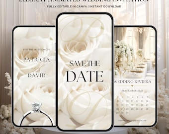 White Rose Wedding Save the Date Template, Elegant Digital Wedding Invitation, Luxury Animated Canva Evite, Formal Wedding Calendar Card