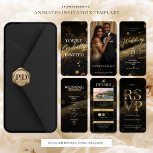 Faire-part de mariage animé, modèle bricolage sur toile, invitation vidéo de mariage numérique de luxe moderne noir et or, invitation électronique de mariage