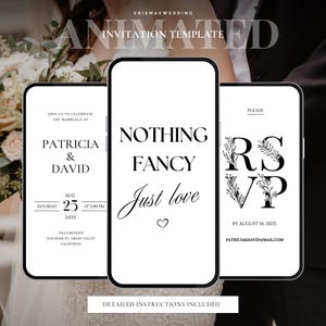 Vídeo de casamento "Nothing Fancy Just Love", modelo de convite para recepção de casamento a dois, convite minimalista moderno do Canva com RSVP, download instantâneo
