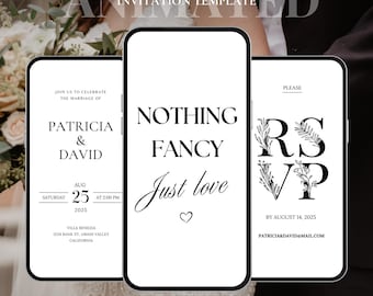 Nothing Fancy Just Love Wedding Video, Elopement Reception Invitation Template, Modern Minimalist Canva Invite Instant Download