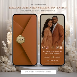May include: Elegant animated wedding invitation design. The design features two smartphone mockups. One displays a brown envelope with a gold seal, the other shows a couple and the text "Save the Date". The text includes "Patricia & David" and the wedding date.