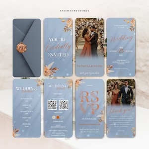 Puede incluir: Un conjunto de tarjetas de invitaci&oacute;n de boda con un fondo azul polvoriento y detalles florales. Las tarjetas incluyen detalles como la fecha, hora y lugar de la boda, as&iacute; como informaci&oacute;n de RSVP. El dise&ntilde;o presenta fotos de la pareja.