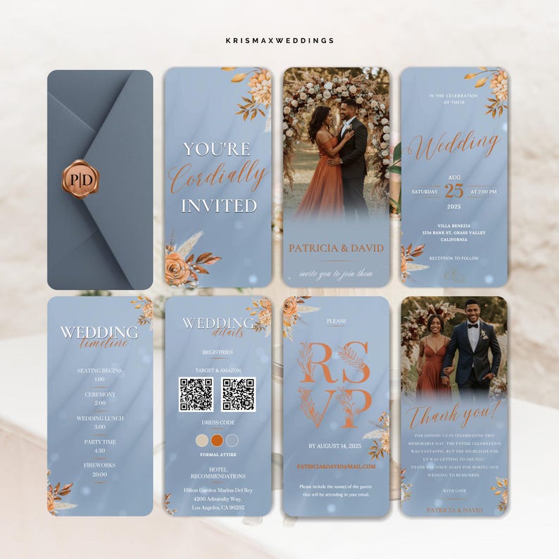 Puede incluir: Un conjunto de tarjetas de invitaci&oacute;n de boda con un fondo azul polvoriento y detalles florales. Las tarjetas incluyen detalles como la fecha, hora y lugar de la boda, as&iacute; como informaci&oacute;n de RSVP. El dise&ntilde;o presenta fotos de la pareja.