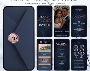 Navy Blue Animated Wedding Invitation Template, Elegant Winter Wedding Set, Modern Canva Design, Luxury Digital Invitation Suite