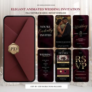 May include: An elegant animated wedding invitation design in burgundy and gold. The design includes a digital invitation with multiple screens, including RSVP, wedding details, and a timeline. The invitation is fully editable in Canva and available for instant download.