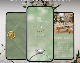 May include: An elegant animated wedding invitation design. The design features three smartphone screens displaying the invitation details, including the names Patricia and David, and a diamond ring. The invitation is fully editable in Canva and available for instant download.