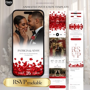 Red Rose Animated Wedding Invite | Digital Canva Template with RSVP, Music, Countdown & Clickable Links