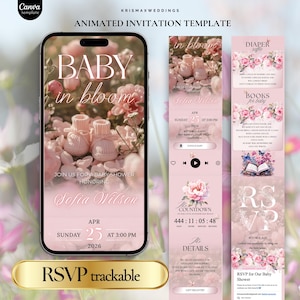 Op de afbeelding: Een roze geanimeerde uitnodigingssjabloon voor een babyshower, met de tekst "Baby in Bloom" en details voor Sofia Wilson's feest. Het ontwerp bevat bloemelementen en een countdown timer. De RSVP is traceerbaar.