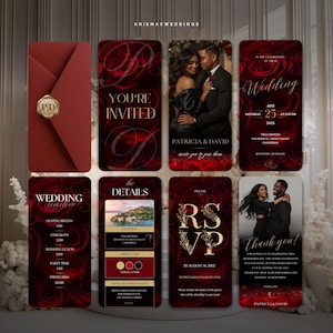 May include: A set of burgundy wedding invitations with gold text and floral accents. The invitations include details such as the date, time, location, and RSVP information. The design features photos of the couple and a monogram.