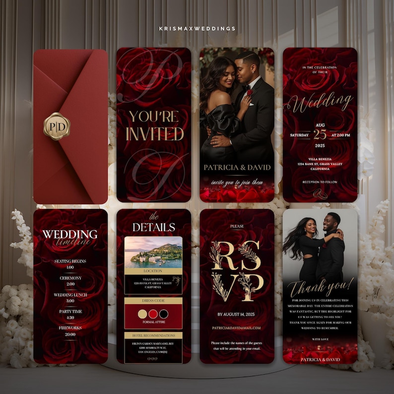 May include: A set of burgundy wedding invitations with gold text and floral accents. The invitations include details such as the date, time, location, and RSVP information. The design features photos of the couple and a monogram.