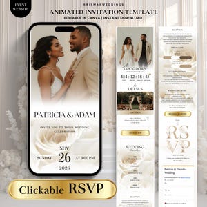 Invitación de boda animada, video de boda digital de rosa blanca con RSVP rastreable, plantilla de Canva para una elegante invitación electrónica neutra.