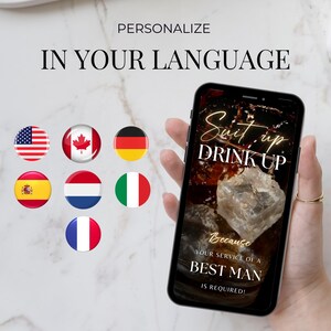 May include: A smartphone displays the text "Suit up, Drink up" with a cocktail image. The phrase "Because your service of a Best Man is required!" is also visible. The image includes flags of the USA, Canada, Germany, Spain, Netherlands, Italy, and France.