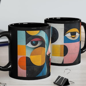 Abstract Art Design On A Black Mug (11oz, 15oz), Gift For Art Lover Picasso Style Coffee Cup