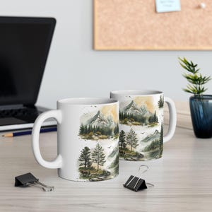 Mountain Landscape Ceramic Mug,Trees, Wildlife, Nature Theme, Nature Lover Gift, Coffee Cup, Tea Mug, Drinkware, Camping Mug, Gift for Hiker