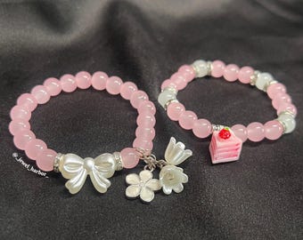 Pink Bead Charm Bracelet • Bow Bracelet or Cake Bracelet • Kawaii Jewelry • Pastel Pink Aesthetic Bracelet