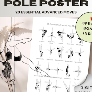 Può includere: Un poster di pole dance stampabile in bianco e nero con 20 mosse avanzate essenziali. Il poster presenta una silhouette di una persona che fa pole dance. Il poster include anche il testo "POLE POSTER" e "20 ESSENTIAL ADVANCED MOVES".
