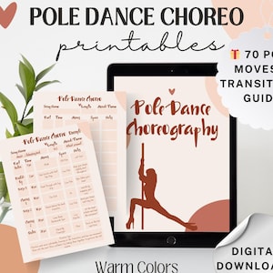 Planificador de coreografía de pole dance para bailarines artísticos. PDF imprimible digital en cálidos colores otoñales. Tamaños A5 y carta de EE. UU.