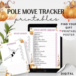 Könnte beinhalten: Ein druckbarer Pole-Dance-Bewegungs-Tracker mit Herbstthema. Der Tracker enthält eine Liste von Pole-Bewegungen mit Kontrollkästchen neben jeder Bewegung. Das Design beinhaltet eine Aquarell-Illustration von Kürbissen und Herbstblättern. Der Text "POLE MOVE TRACKER" und "Fall Edition" ist auf dem Druckbaren zu sehen.