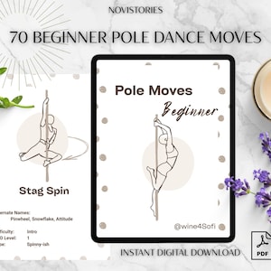 Puede incluir: Una guía digital titulada 70 Beginner Pole Dance Moves con ilustraciones de líneas de una persona realizando un Stag Spin en una barra. El documento incluye etiquetas de texto para la dificultad y el tipo, junto con un icono de PDF.