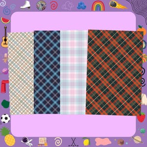May include: Four fabric swatches featuring plaid designs in diverse colours. The patterns include tan and brown, navy and blue, light pink and blue, and red and green. The swatches are displayed side by side against a purple backdrop.