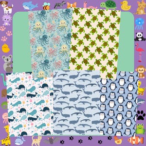 Könnte beinhalten: Eine Sammlung von Stoffen mit Mustern, die Meereslebewesen und Meereskreaturen zeigen. Designs umfassen Oktopusse, Schildkröten, Wale und Pinguine. Die Farbpalette umfasst Blau, Grün, Rosa und Weiß und erzeugt eine verspielte und skurrile Ästhetik.