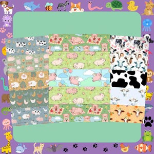 Könnte beinhalten: Stoffmuster mit Tiermotiven. Die Muster zeigen Kühe, Schweine, Schafe und andere Nutztiere. Die Farbpalette umfasst Grün, Blau und Rosa, mit floralen und Wolkenmotiven.