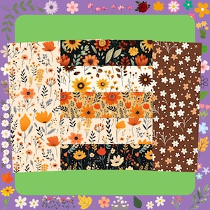 May include: A selection of floral fabric swatches. The designs showcase diverse flowers in shades of orange, yellow, and white against cream, brown, and black backgrounds. The floral patterns include sunflowers, daisies, and other stylized blooms.