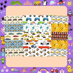May include: A selection of patterned fabrics with a transport and construction theme. Designs include cars, trucks, aeroplanes, and tools. The fabrics are in various colours, including blue, yellow, and white, with a playful and whimsical style.