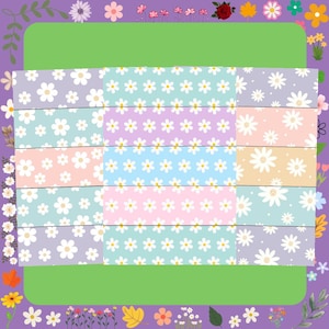 May include: A floral design with a patchwork of pastel-coloured squares. Each square is adorned with white daisy patterns. The background is a soft purple, with decorative floral elements and a green rectangle.