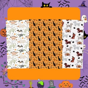 May include: Three vertical panels featuring Halloween patterns. The left panel shows dinosaurs and bats on white. The centre panel displays black cats and orange pumpkins on orange. The right panel features dachshunds in costumes on white.