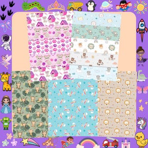 Op de afbeelding: Een verzameling papieren met verschillende patronen. Patronen omvatten puppy's, pootafdrukken, olifanten, leeuwen, apen en regenbogen. Kleuren zijn roze, paars, groen, blauw en beige. Geschikt voor knutselen of scrapbooking.