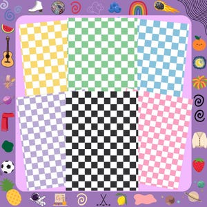 May include: Six different checkered patterns in yellow, green, blue, purple, black, and pink. The designs are arranged in a rectangular shape, with various cartoon illustrations surrounding the patterns.