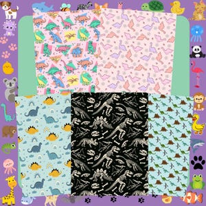 May include: A selection of dinosaur-themed fabric patterns. Designs include colourful dinosaurs on pink, light blue, and green backgrounds, and dinosaur skeletons on a black background. Also, a light pink pattern with dinosaur outlines.