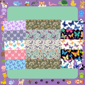 Könnte beinhalten: Eine Sammlung von Stoffmustern mit Schmetterlings- und Blumendesigns in verschiedenen Farben. Die Muster umfassen Farbtöne von Lila, Blau, Rosa, Grün und Braun. Geeignet für Bastel- oder Nähprojekte.