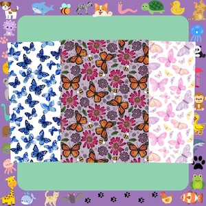 Könnte beinhalten: Drei Stoffmuster mit Schmetterlingen und floralen Designs. Eines zeigt blaue Schmetterlinge auf Weiß, ein anderes orangefarbene Schmetterlinge, rosa Blumen und Bienen auf Lila, und das letzte zeigt rosa Schmetterlinge auf Weiß.