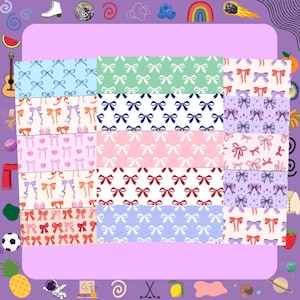Könnte beinhalten: Eine Sammlung von Stoffmustern mit verschiedenen Schleifendesigns. Die Schleifen sind in verschiedenen Farben gehalten, darunter Blau, Grün, Rosa, Rot und Lila, vor weißen und pastellfarbenen Hintergründen. Das Bild ist eine Draufsicht.