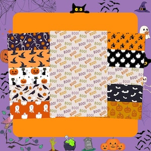 May include: A collection of rectangular sheets featuring various Halloween patterns including skeletons, pumpkins, black cats, witches' hats, crows, ghosts, bats, and a repeating text pattern of the word BOO! in orange, purple, and green colours.