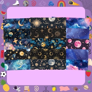 Könnte beinhalten: Eine Sammlung von Stoffmustern mit Himmelsmotiven. Designs zeigen Monde, Sterne, Sonnen und Wolken in Blau-, Gold- und Rosatönen. Die Stoffe weisen verschiedene Muster auf und erzeugen eine kosmische und verträumte Ästhetik.