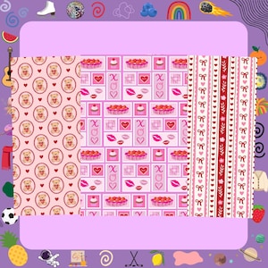 May include: Three patterned designs in pink and red. One features teddy bears in heart-shaped frames, another has stamps with hearts, lips, and cupcakes, and the third has bows and hearts.