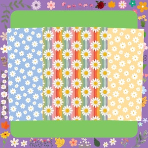 Könnte beinhalten: Ein farbenfrohes Blumenmuster-Design mit Gänseblümchen auf blauem, regenbogenfarbenem und gelbem Hintergrund. Die Gänseblümchenmuster sind in Reihen und Spalten angeordnet und erzeugen eine fröhliche und lebendige Ästhetik. Das Design ist vor einem lila Hintergrund mit floralen Akzenten.