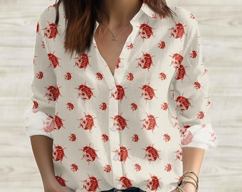 Minimalist Ladybug Blouse Shirt, Lucky Lady Bug Top, Ladybirds Shirt, Red Beetle Insect Apparel, Coccinellidae Nature Gift for Gardener