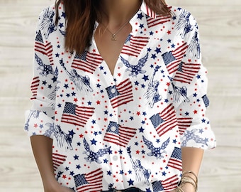 Statue of Liberty Blouse Shirt, USA Vintage America Women Shirt, 4th of July Shirt, Retro Patriotic Graphic Tops, American Flag Shirt