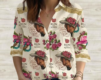 Kentucky Derby Horse Racing Shirt For Women, Red Rose Horseshoe Blouse Shirt, Derby Time Party Top, Southern Preppy Outfit Gift For Her