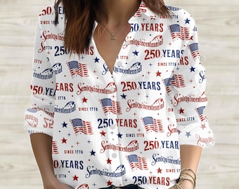 USA Anniversary Women Shirt, Semiquincentennial Blouse, Retro American Flag Button Down Shirt, 4th of July Casual Top, Gift For Her